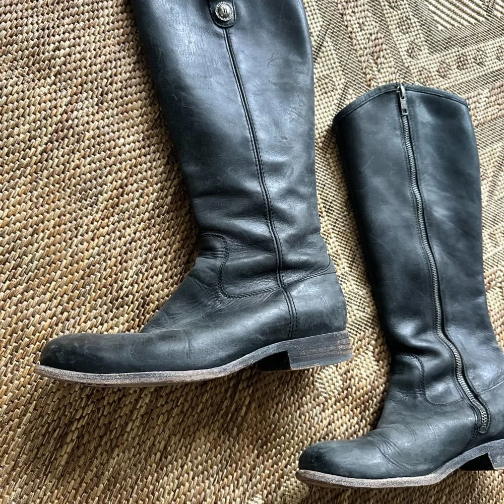 black leather FRYE Tall Riding Boots with side zipper, 7 - Picture 5 of 16